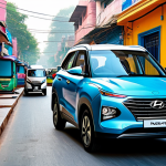 **

"Hyundai Nexo parked in a vibrant, bustling Delhi street. Background shows auto rickshaws, colorful buildings, and people in traditional Indian clothing. Emphasis on the Nexo's sleek design and modern technology, with a subtle hint of its eco-friendly nature. Bright daylight, realistic rendering, high detail. Safe for work, appropriate content, fully clothed, professional."

**