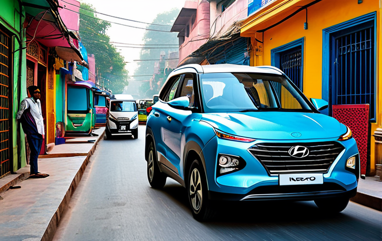 **
"Hyundai Nexo parked in a vibrant, bustling Delhi street. Background shows auto rickshaws, colorful buildings, and people in traditional Indian clothing. Emphasis on the Nexo's sleek design and modern technology, with a subtle hint of its eco-friendly nature. Bright daylight, realistic rendering, high detail. Safe for work, appropriate content, fully clothed, professional."
**